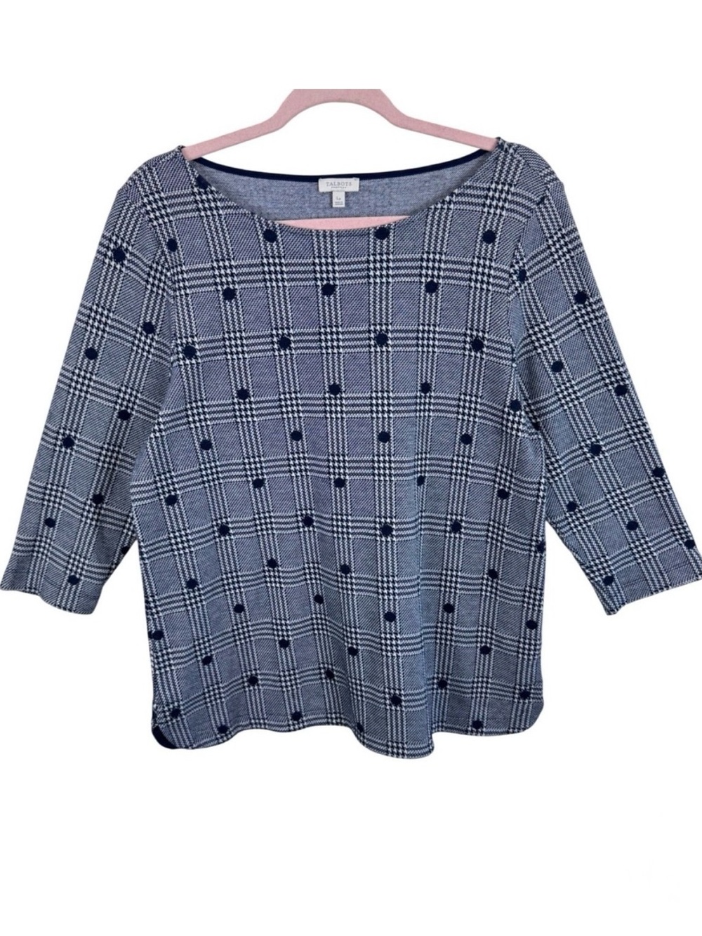 Talbots Navy White Glen Plaid Polka Dot Boat Neck Knit Top Petite Large 3/4 Slv